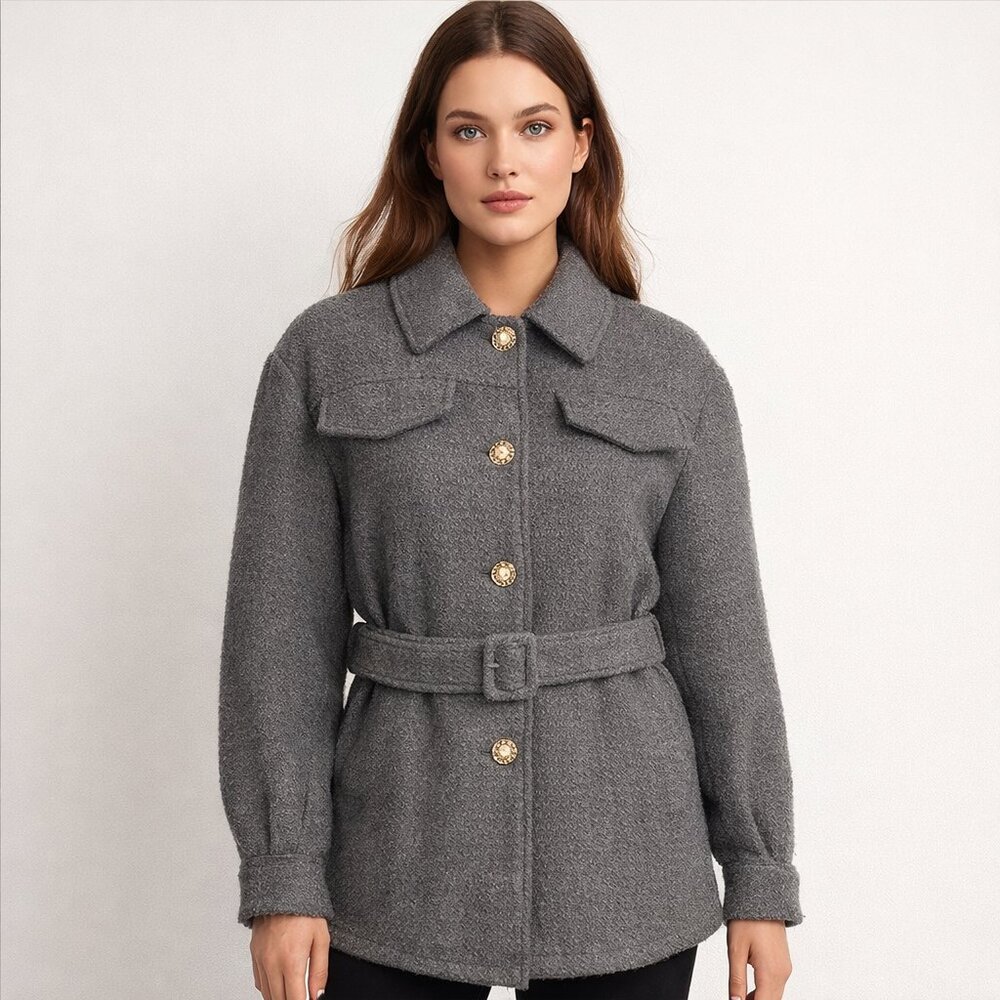 Laundry by Shelli Segal Snowflake Belted Gray Coat Size S NEW